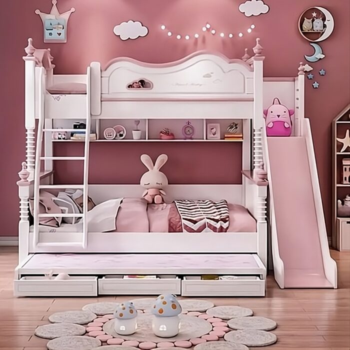 Luxury Princess Bunk Bed with Slide and Storage