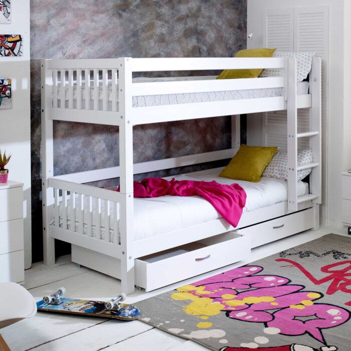 white wooden bunk bed