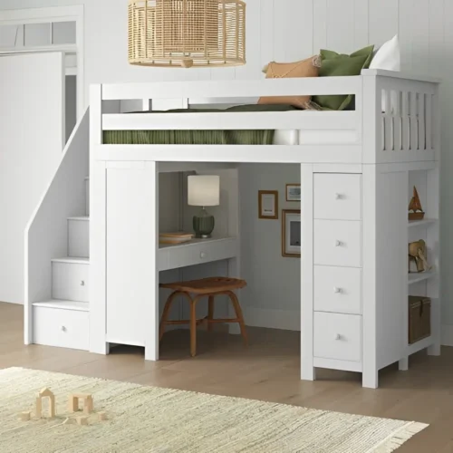 cozy loft bunk bed for one kid with study table and chester