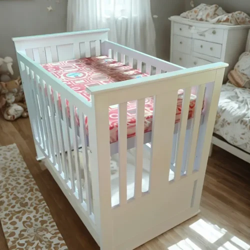 White wooden baby crib with adjustable base