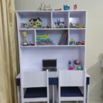 compact two kids table with bookshelf