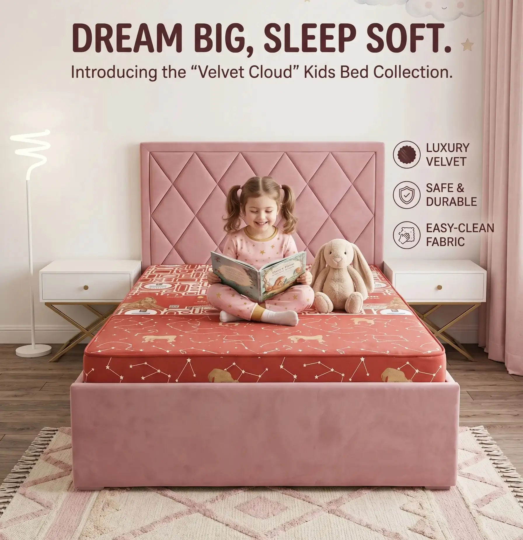 girls padded pink double bed